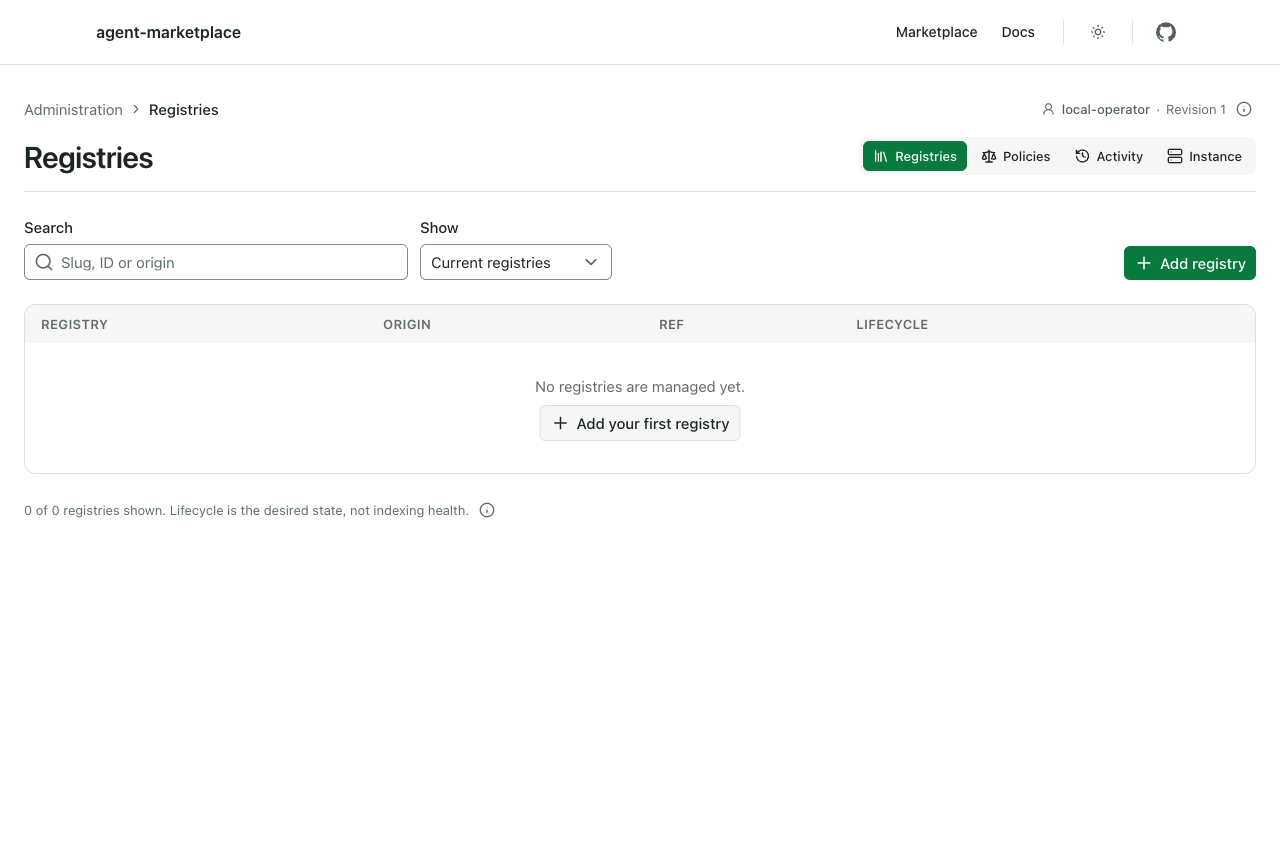 The Registries admin page showing "No registries are managed yet" and an Add registry button