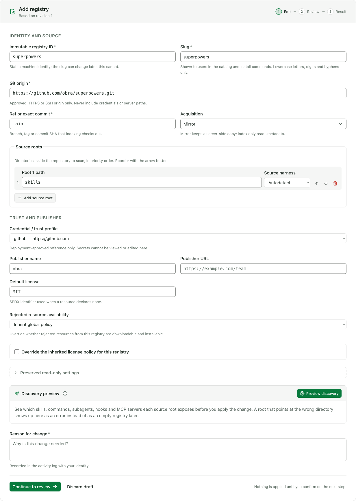 The Add registry form filled in with the superpowers registry values