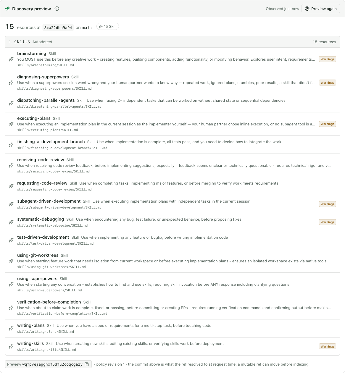 Discovery preview listing 15 skills under the skills root, each with its source path