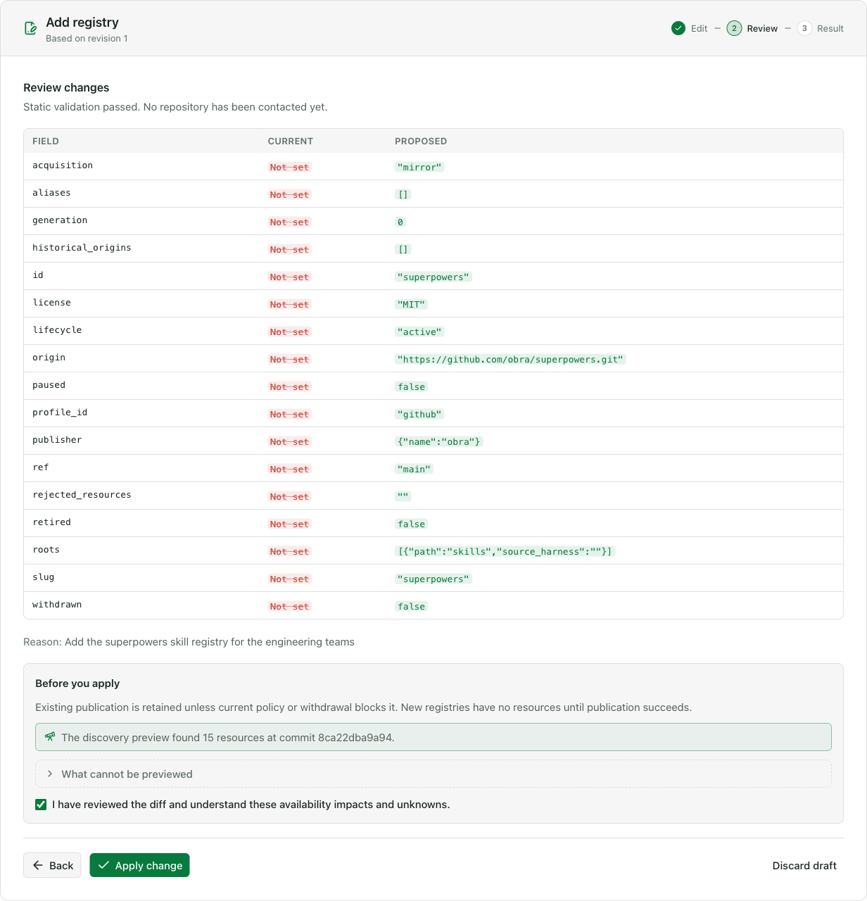 Review changes step: a field-by-field diff, the reason, and a note that the discovery preview found 15 resources