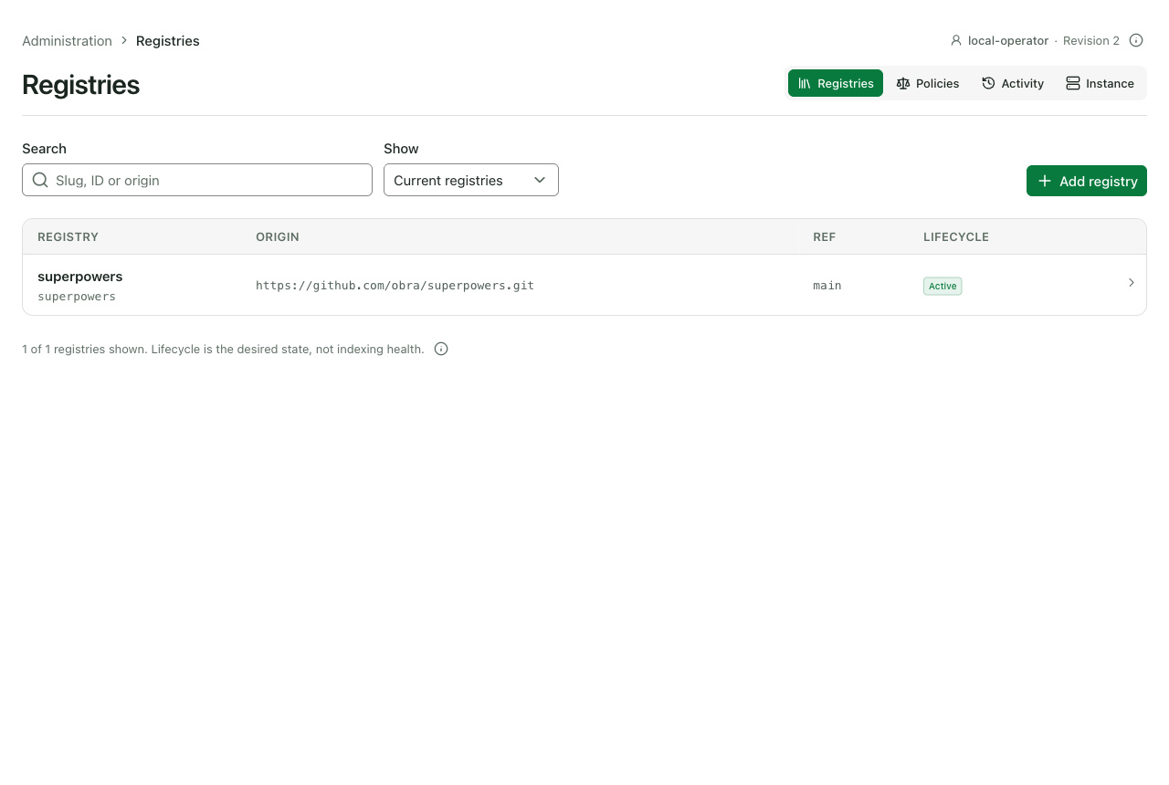 Registries list showing the superpowers registry, its origin, ref main, and Active lifecycle