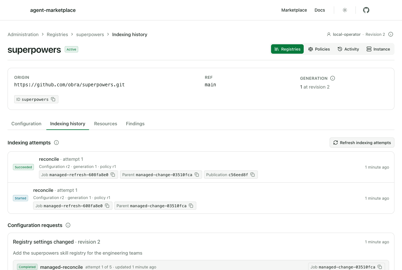 Indexing history showing a Succeeded reconcile attempt with a Publication ID