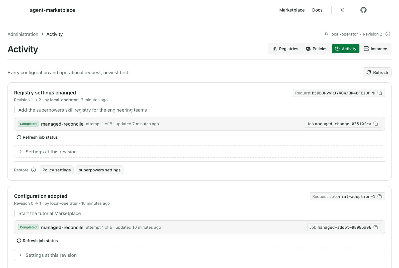 Activity page listing "Registry settings changed" by local-operator with the reason, above "Configuration adopted"