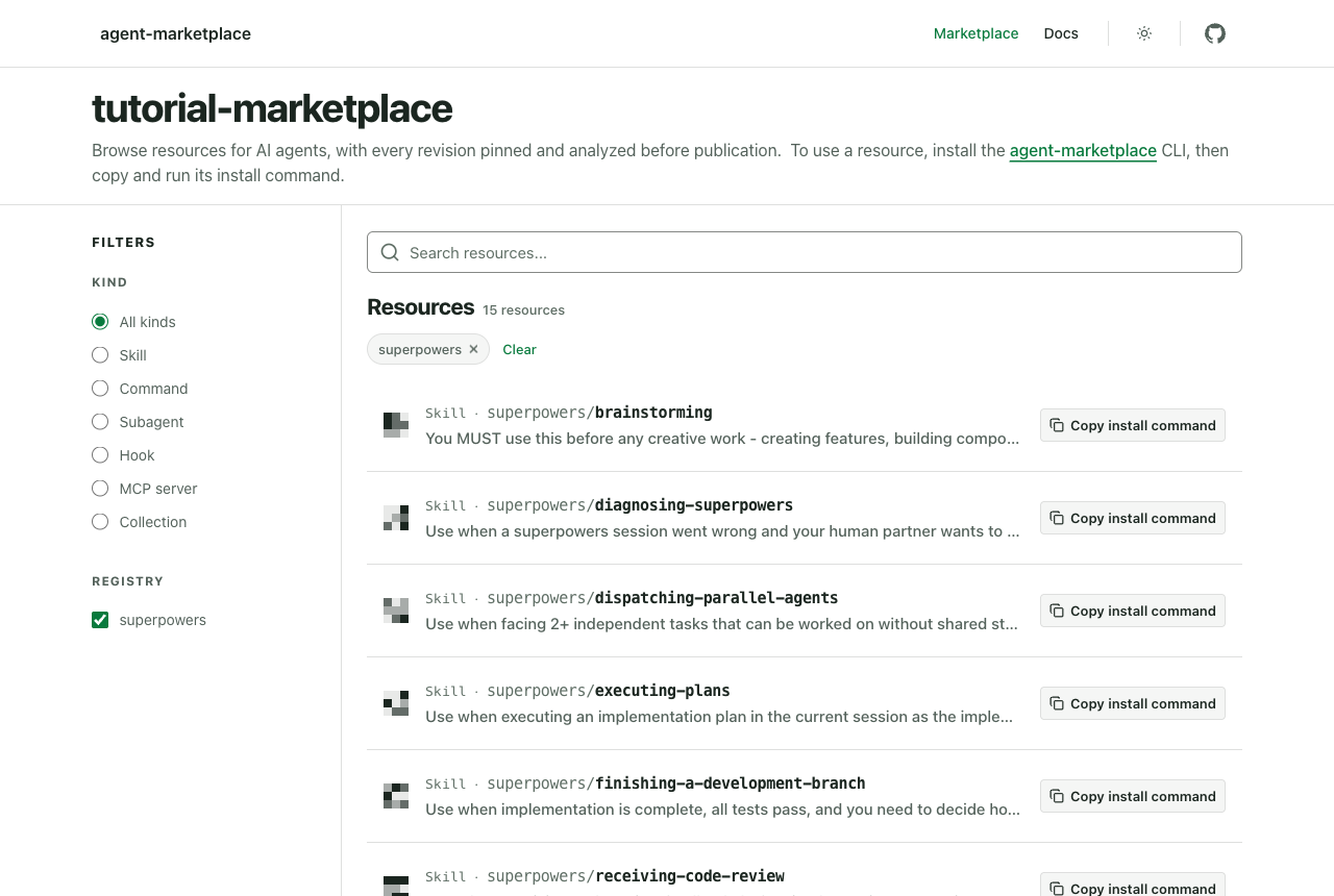 Public Marketplace catalog filtered to the superpowers registry, listing 15 skills with Copy install command buttons