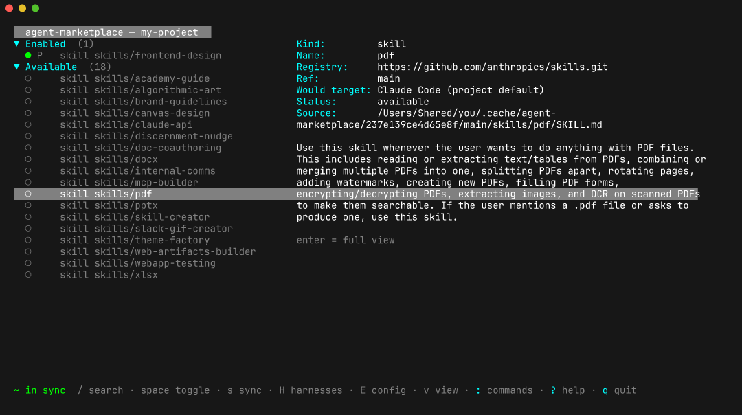 The TUI list with frontend-design under Enabled, 18 skills under Available, and the pdf skill highlighted with its details in the right pane
