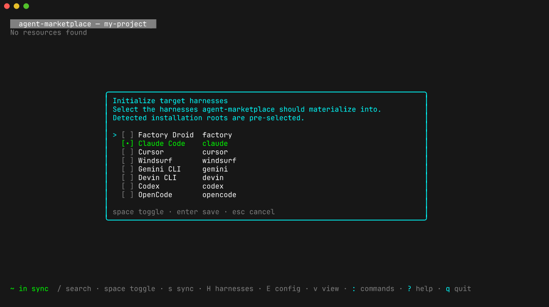 First-run modal listing the eight harnesses, with Claude Code pre-selected