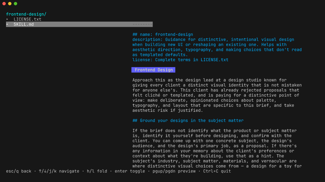 File browser for the frontend-design skill: a file tree on the left with SKILL.md selected and its rendered contents on the right